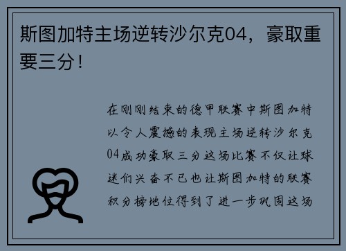 斯图加特主场逆转沙尔克04，豪取重要三分！