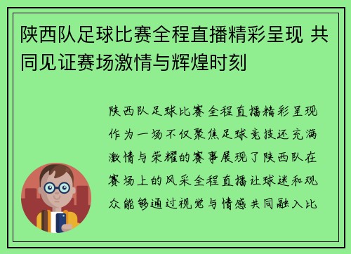 陕西队足球比赛全程直播精彩呈现 共同见证赛场激情与辉煌时刻
